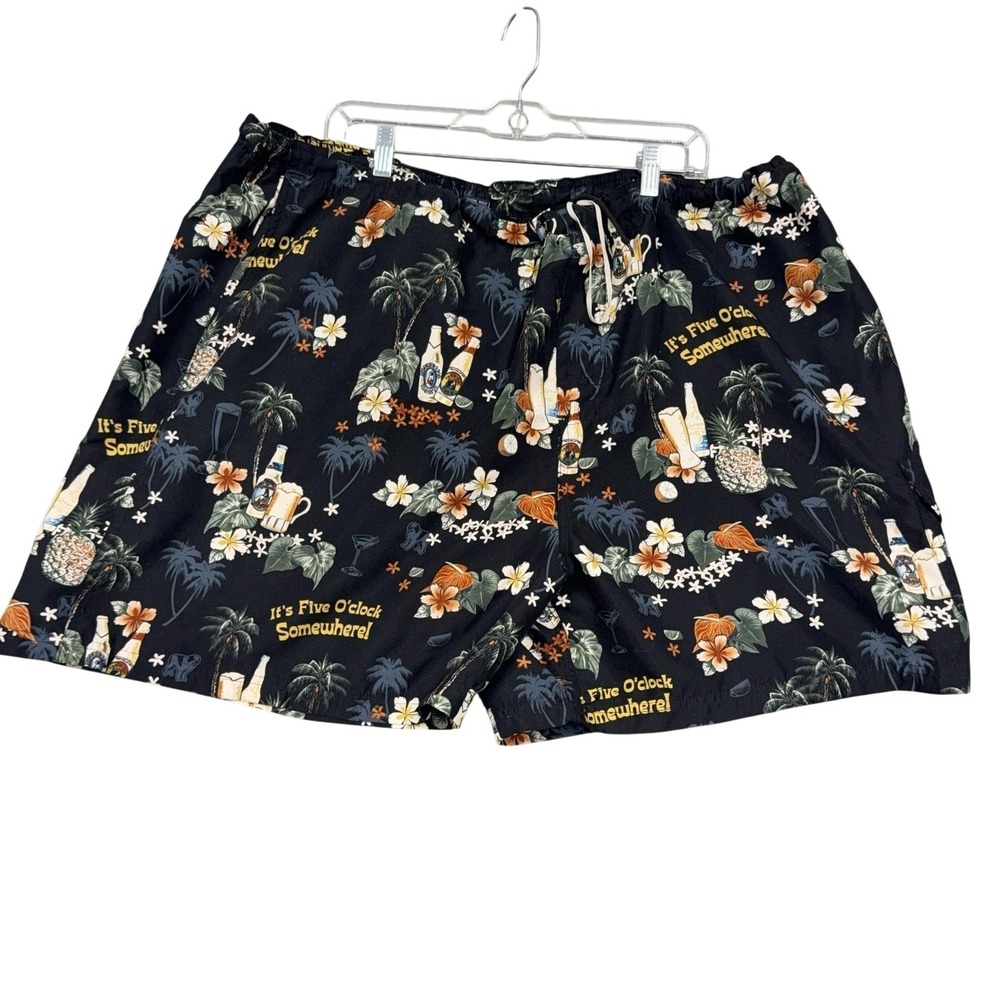 Big Dogs Swim Trunks Mens 2XL Black Hawaiian Beer Print Elastic Waist Mesh Lined